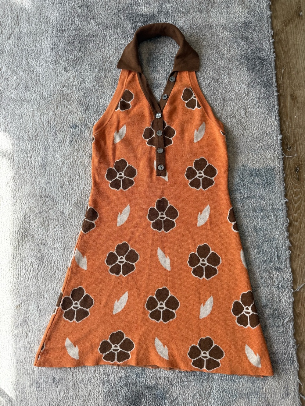 Cider Floral Knit Halter Mini Dress Open Back Orange Brown Y2K Style Beach M